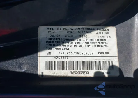 1998 Volvo V70 Gtas/Gtms из США, поврежденный, VIN YV1LW5531W2404587